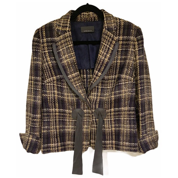 Anne Belin Blazer Vintage retro plaid tweed & leather blazer Bow Tie Size 12 - Picture 4 of 8